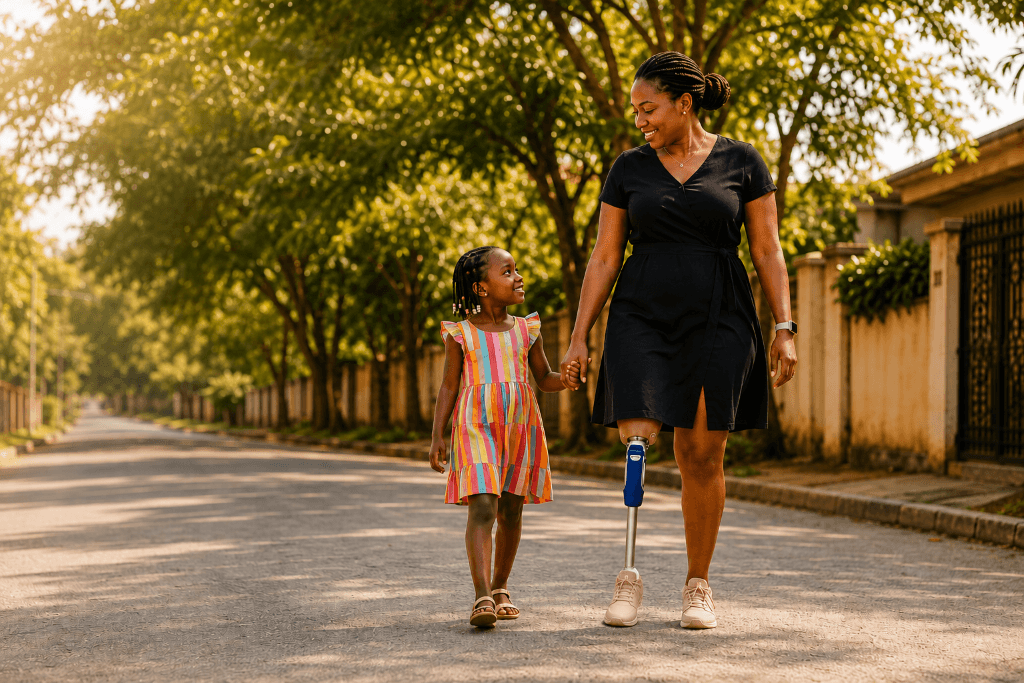Father with an above-knee prosthetic playing football with his daughter
