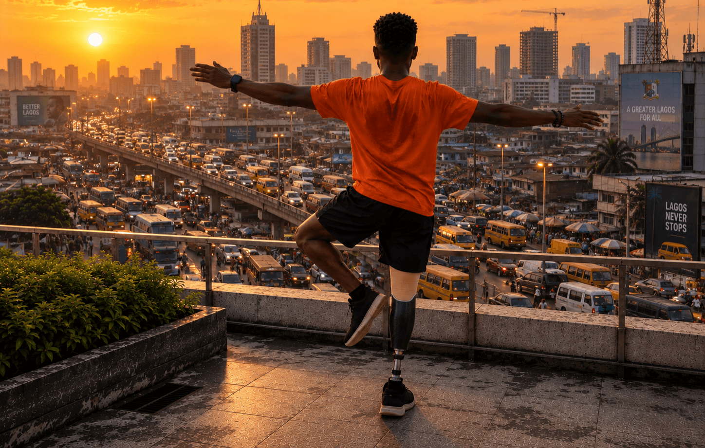 Runner with a modern below-knee prosthetic on a track at golden hour